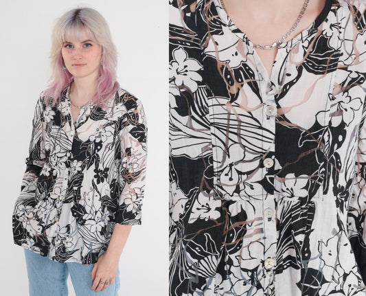 Y2K Sheer Floral Blouse Black White Button Up 3/4 Sleeve Medium M