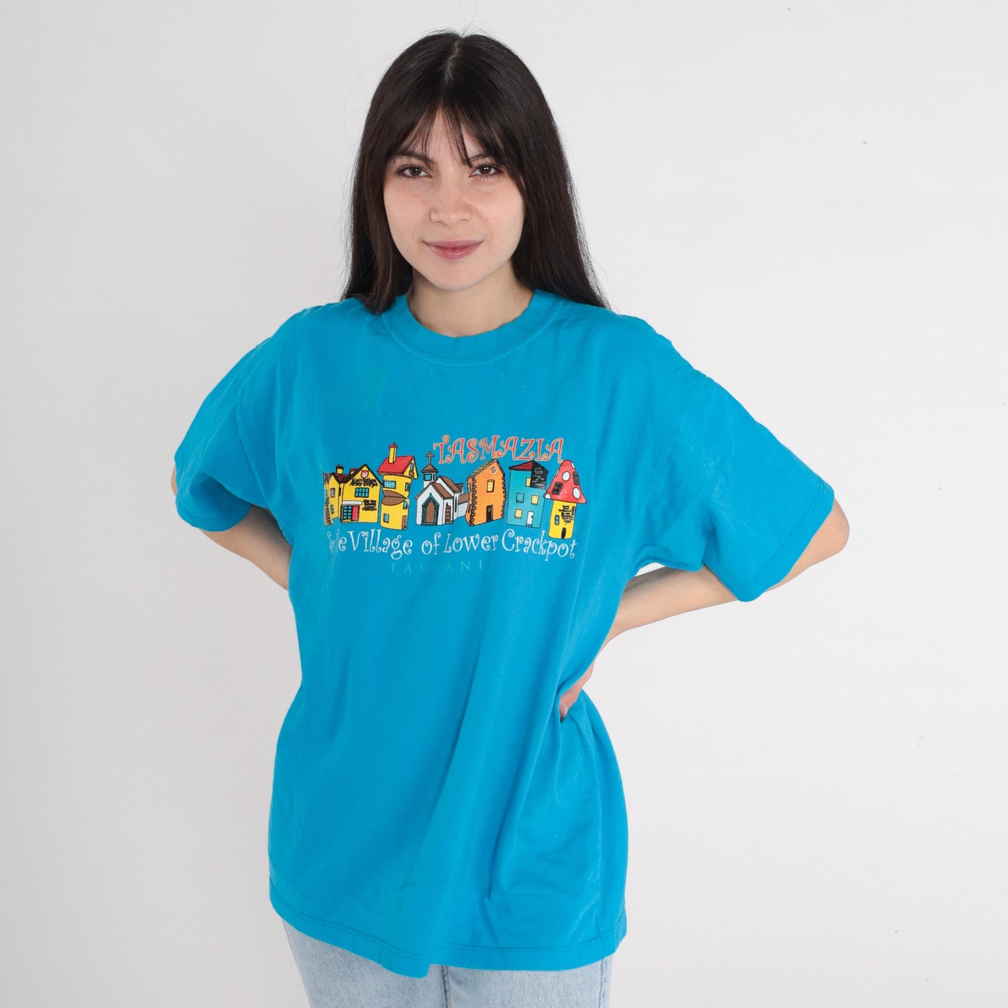 90s Tasmazia Australia Graphic T-Shirt Village Lower Crackpot Blue Large L