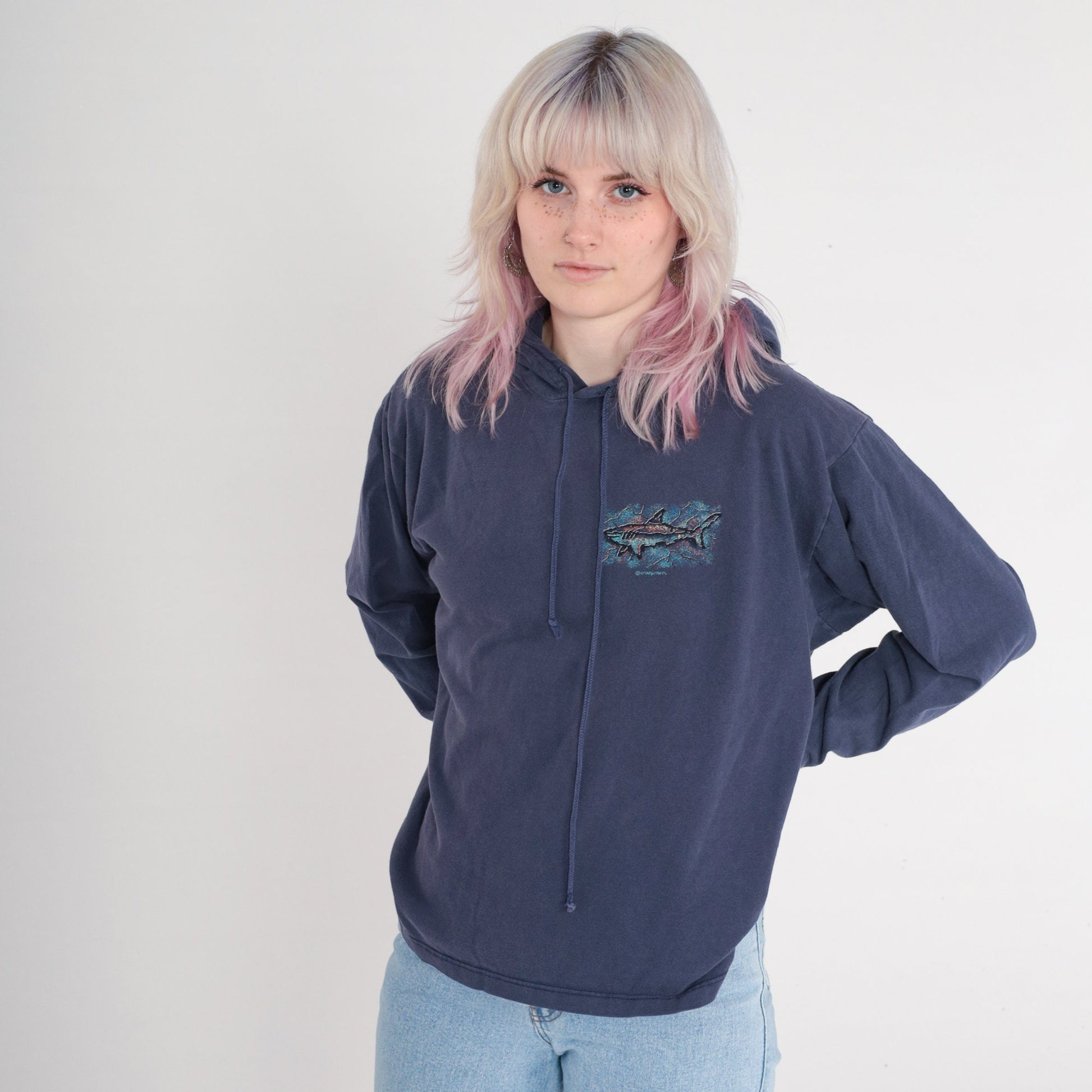 90s Crazy Shirts Laguna Beach Shark Hooded T-Shirt Navy Medium