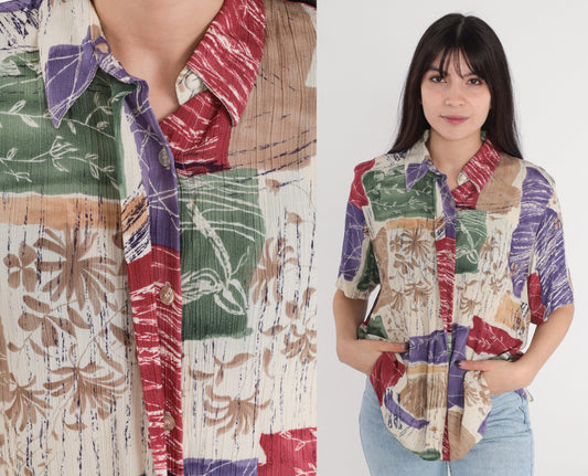 90s Floral Button-Up Blouse Short Sleeve Shirt Cream Red Purple Green Medium