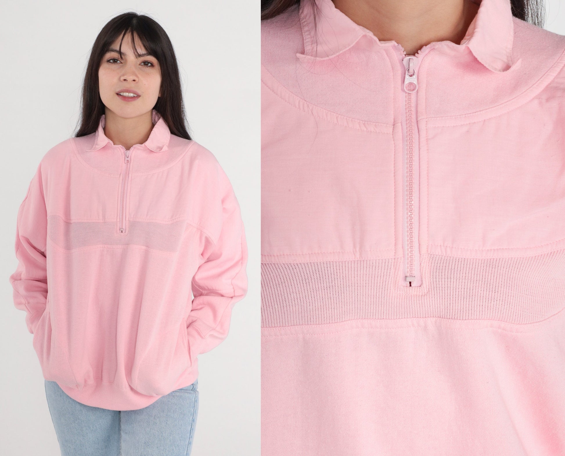 80s Baby Pink Quarter Zip Sweatshirt Striped Collar Pullover Small