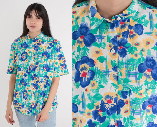 90s Cherokee Floral Button-Up Blouse Short Sleeve Cotton Green Blue Yellow Red Small S