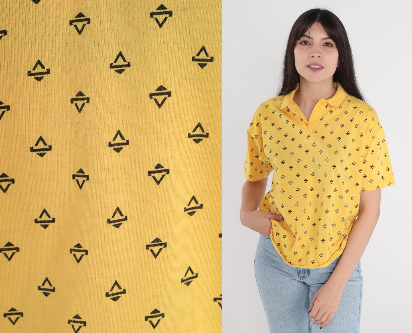 80s Yellow Polo Shirt Triangle Print Half Button Collared Top Medium