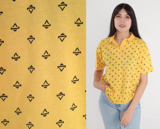 80s Yellow Polo Shirt Triangle Print Half Button Collared Top Medium