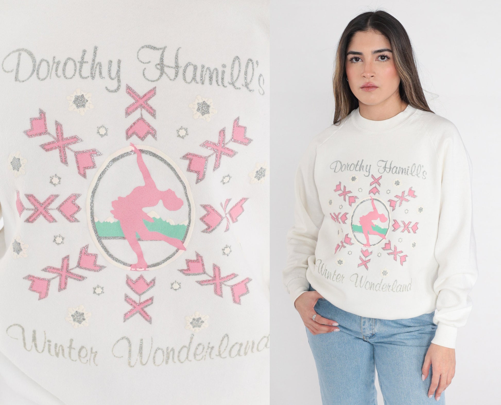 90s Dorothy Hammill's Winter Wonderland Figure Skater Sweatshirt White Glitter Raglan Medium