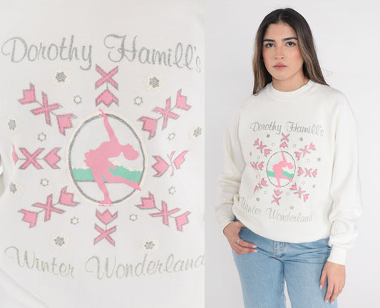 90s Dorothy Hammill's Winter Wonderland Figure Skater Sweatshirt White Glitter Raglan Medium