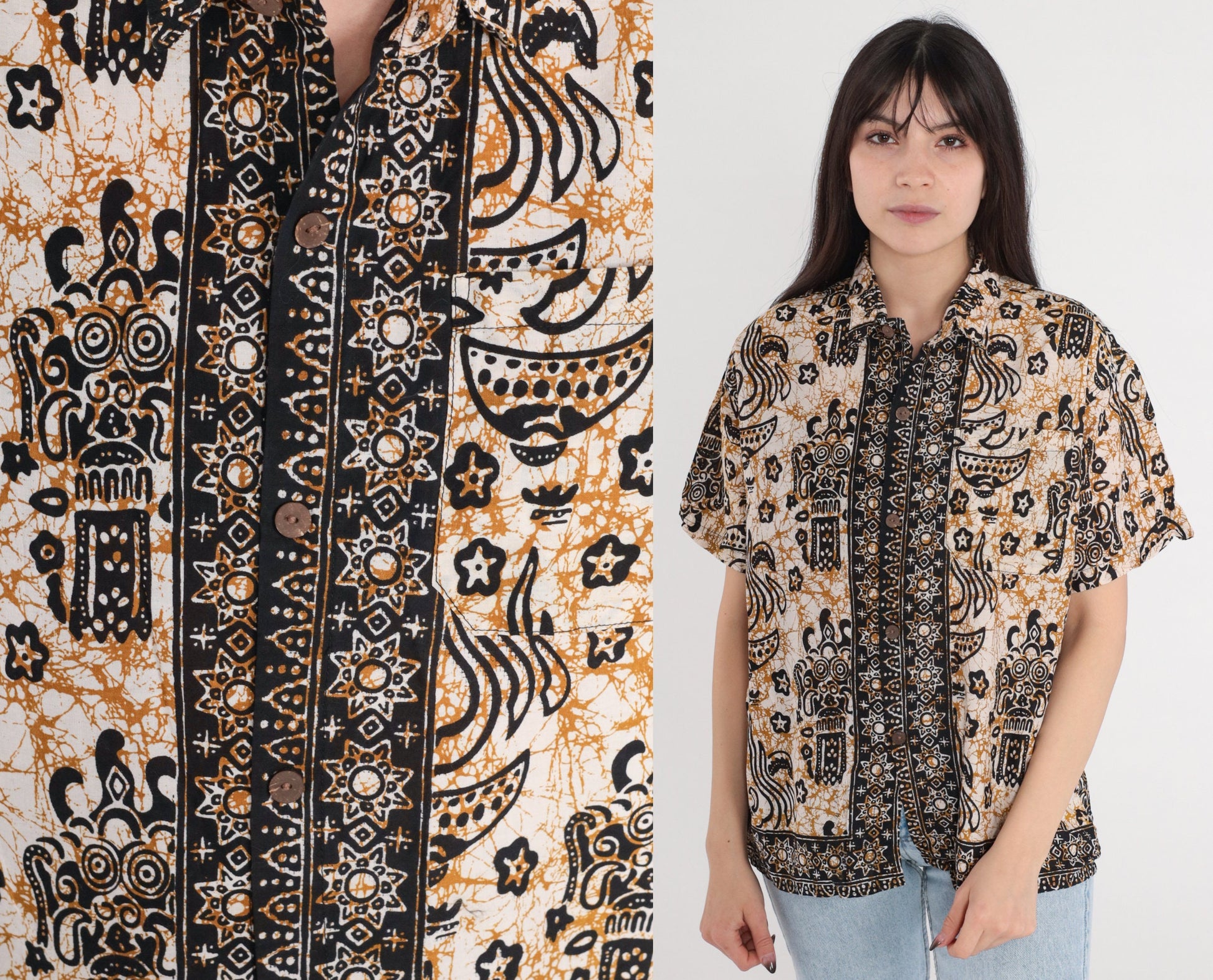 Y2K Indonesian Batik Button Up Blouse Celestial Print Cotton Short Sleeve Medium M