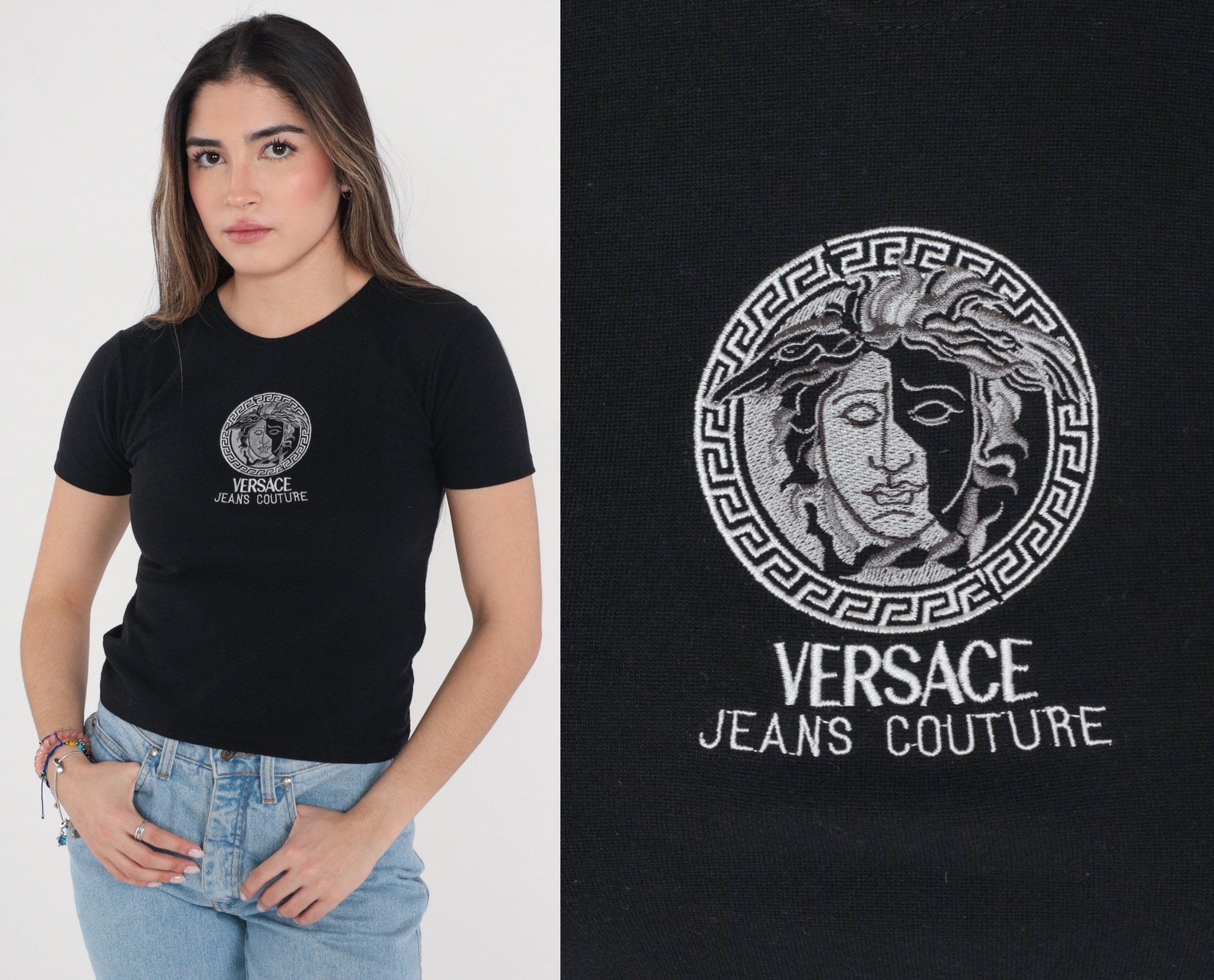 90s Versace Jeans Couture Embroidered Logo T-Shirt Black Extra Small XS
