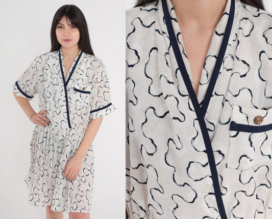80s Squiggle Print Mini Dress White Navy Faux Wrap Pleated V-Neck Large