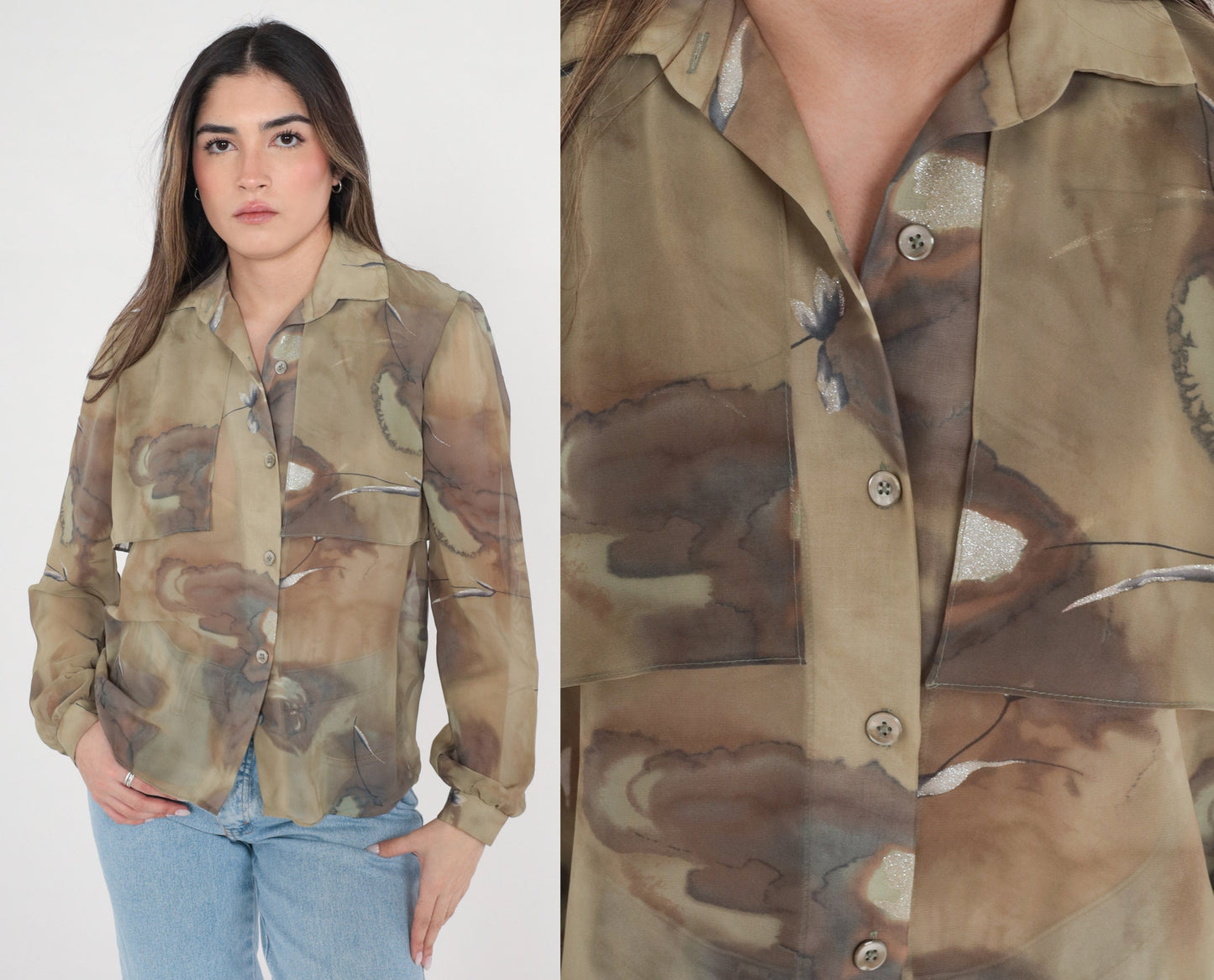 90s Olive Green Abstract Watercolor Glitter Button-Up Blouse Long Sleeve Medium