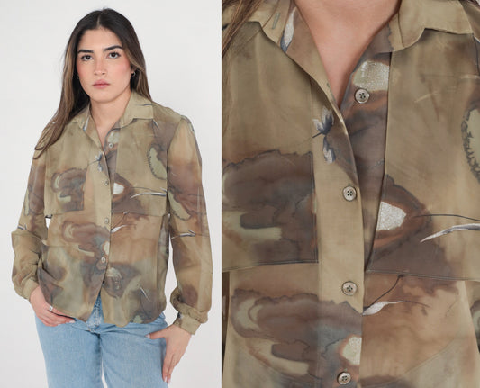 90s Olive Green Abstract Watercolor Glitter Button-Up Blouse Long Sleeve Medium