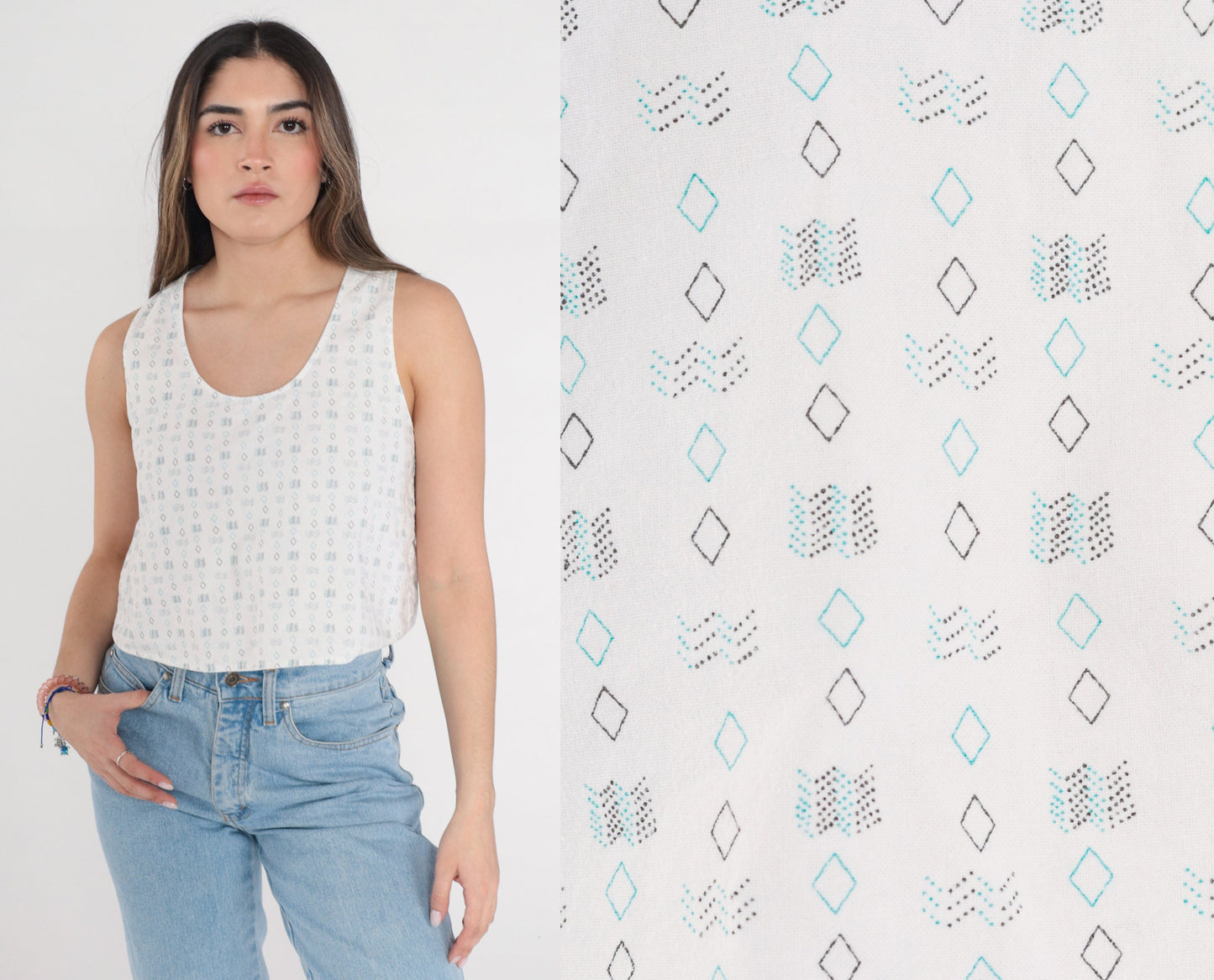 90s White Crop Tank Top Racerback Diamond Zigzag Print Small
