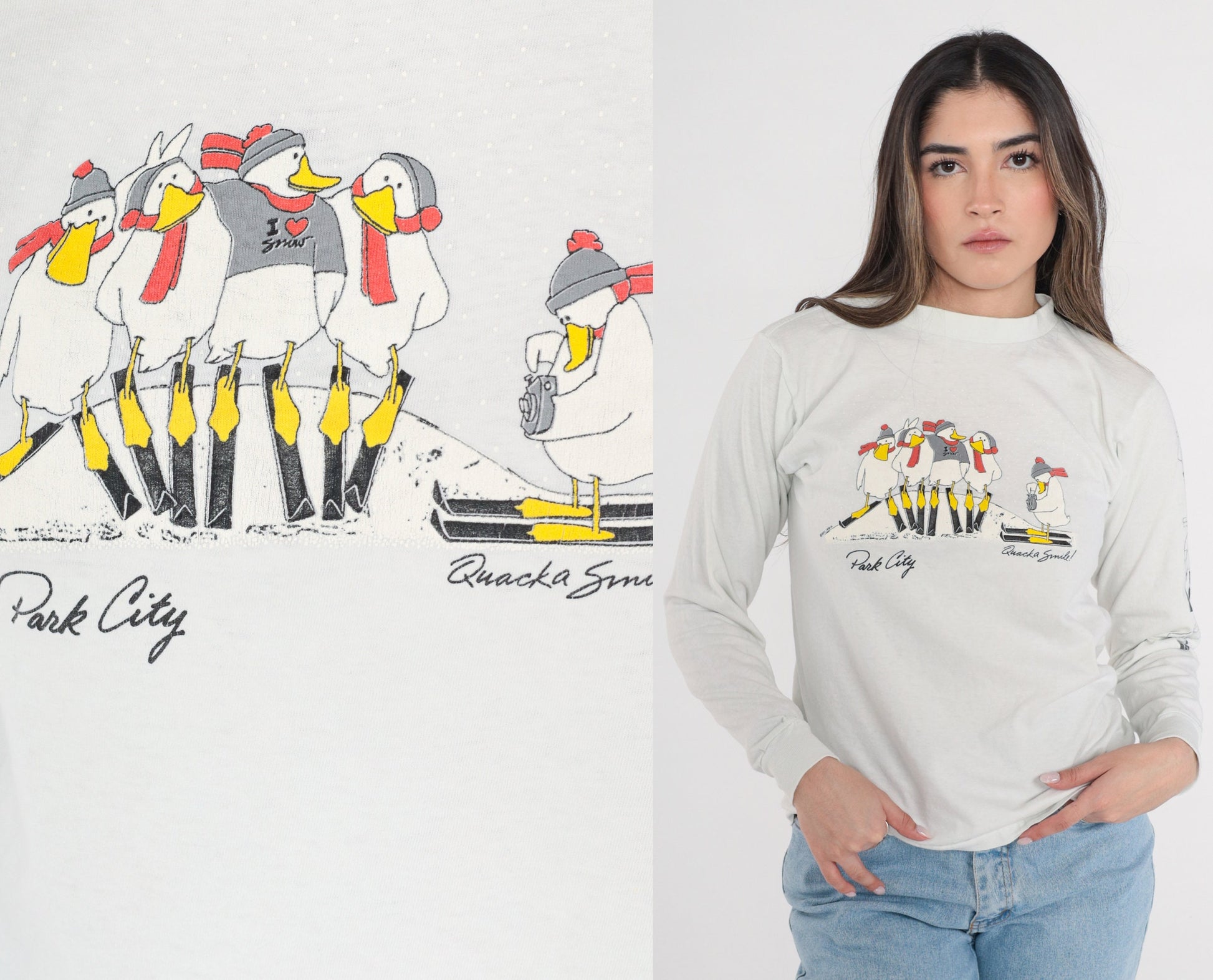 80s Park City Utah Ski Duck Graphic T-Shirt Long Sleeve Grey Medium