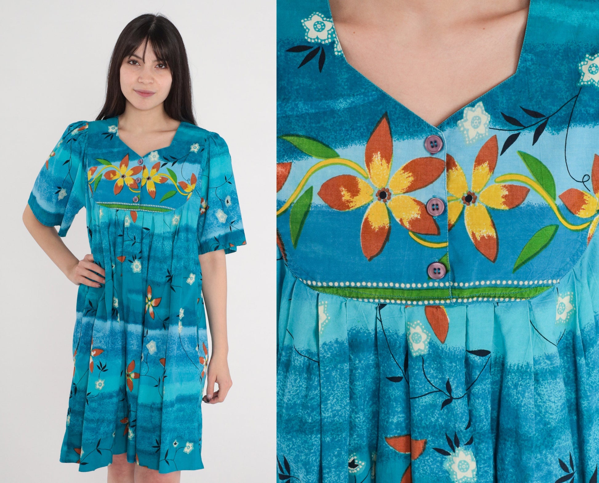 80s Tie Dye Floral Mini Dress Blue Tropical Cotton Tent Cut Pockets Small