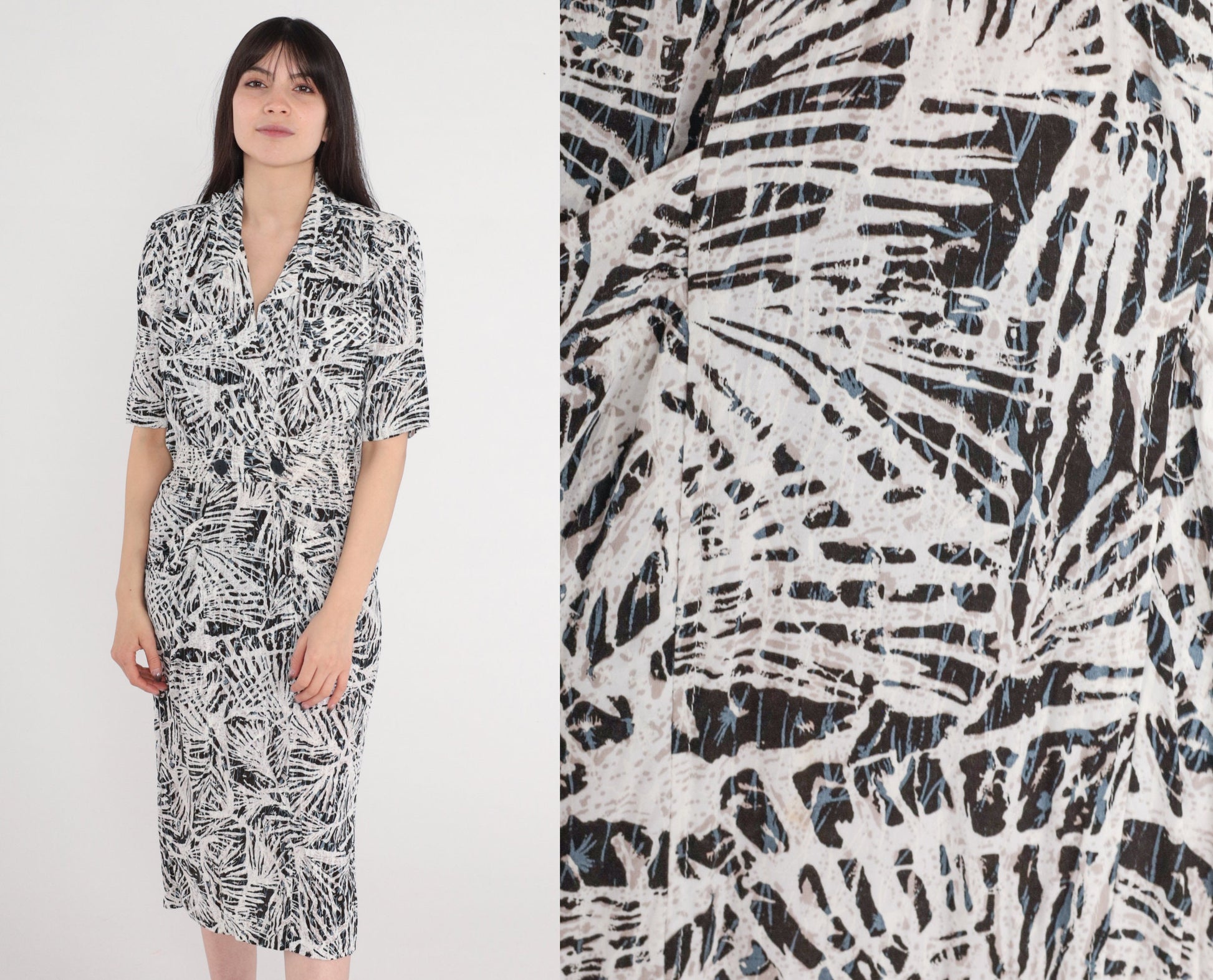 90s Abstract Print Midi Wrap Dress Collared V-Neck Pockets Small