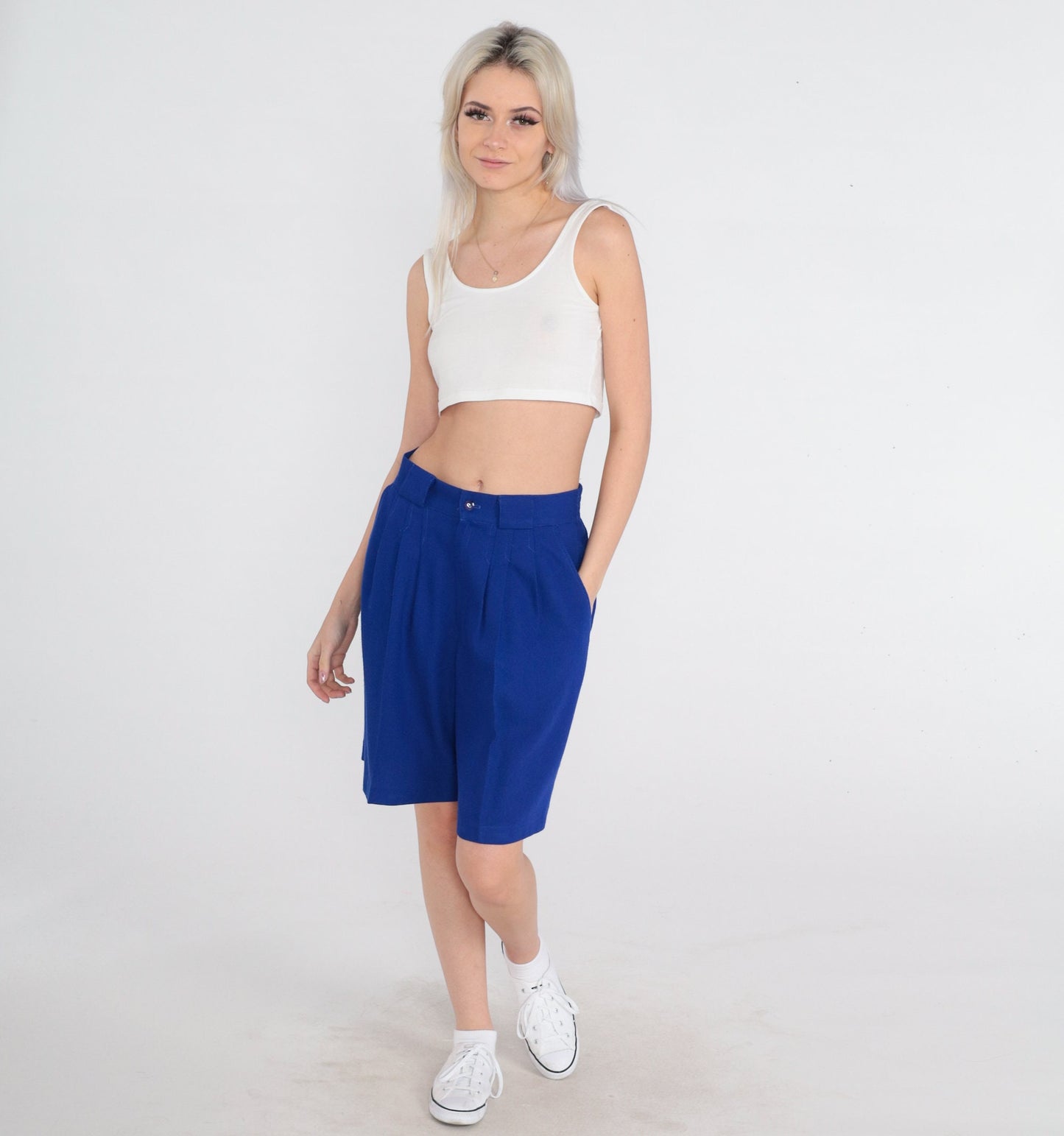 80s Blue Pleated High-Waisted Shorts Knee Length Medium