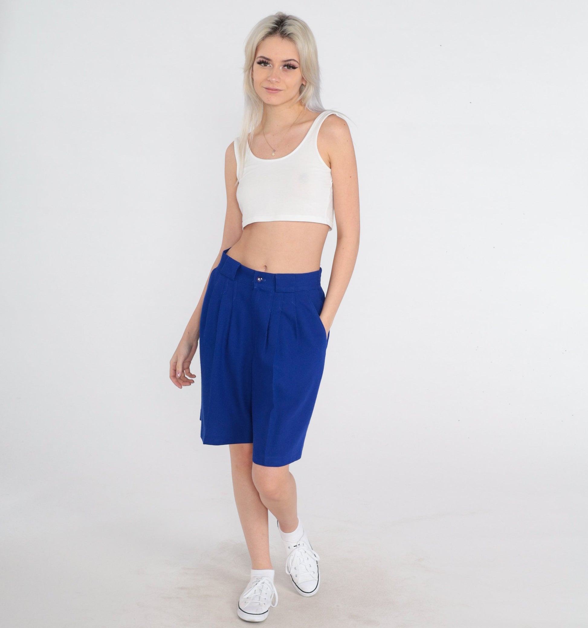 80s Blue Pleated High-Waisted Shorts Knee Length Medium
