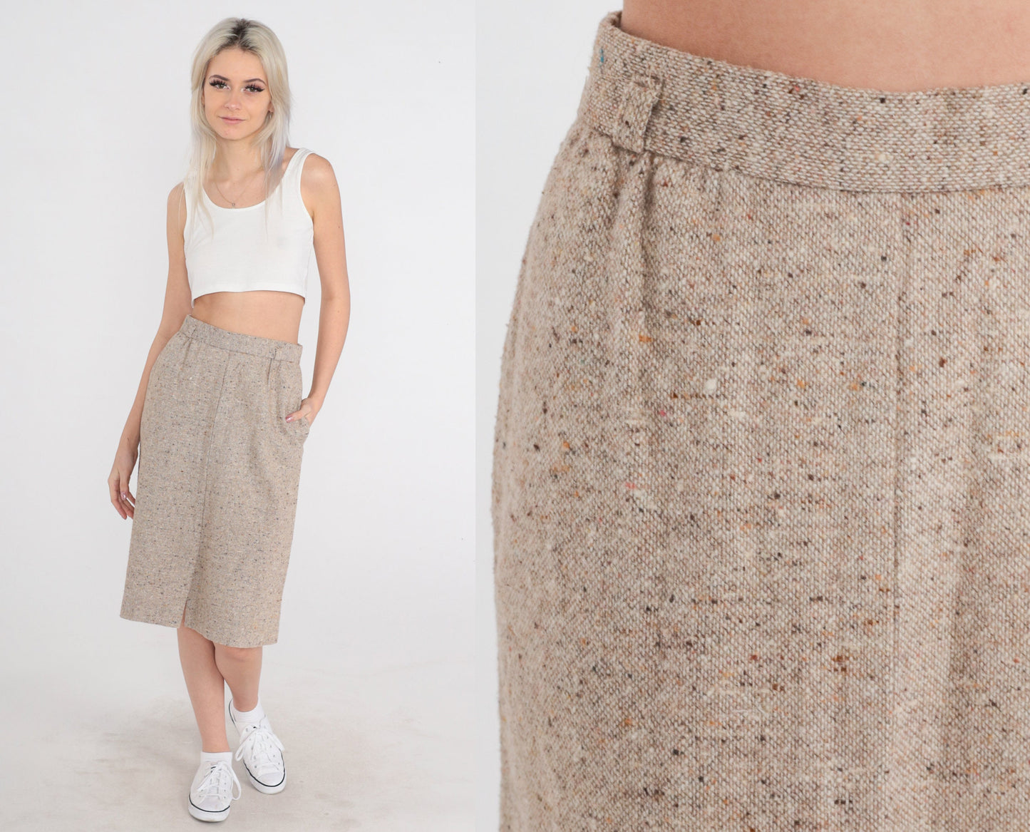70s Wool Blend Pencil Skirt Tan High Waist Midi Front Slit Small