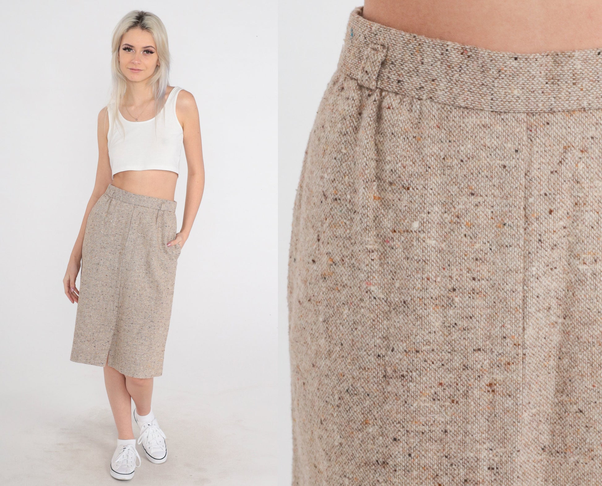 70s Wool Blend Pencil Skirt Tan High Waist Midi Front Slit Small