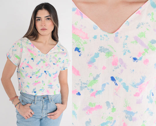 80s Paint Splatter Crop Top White Pink V-Neck Cap Sleeve Button Back Medium