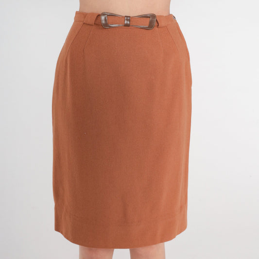 70s Brown Wool Mini Pencil Skirt High Waist Rear Slit Small