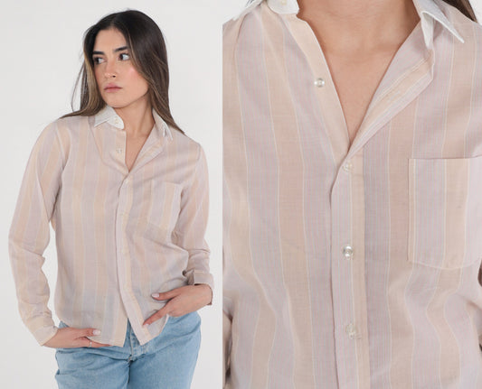 80s Striped Button-Up Shirt Tan Pink Long Sleeve Collared Extra Small
