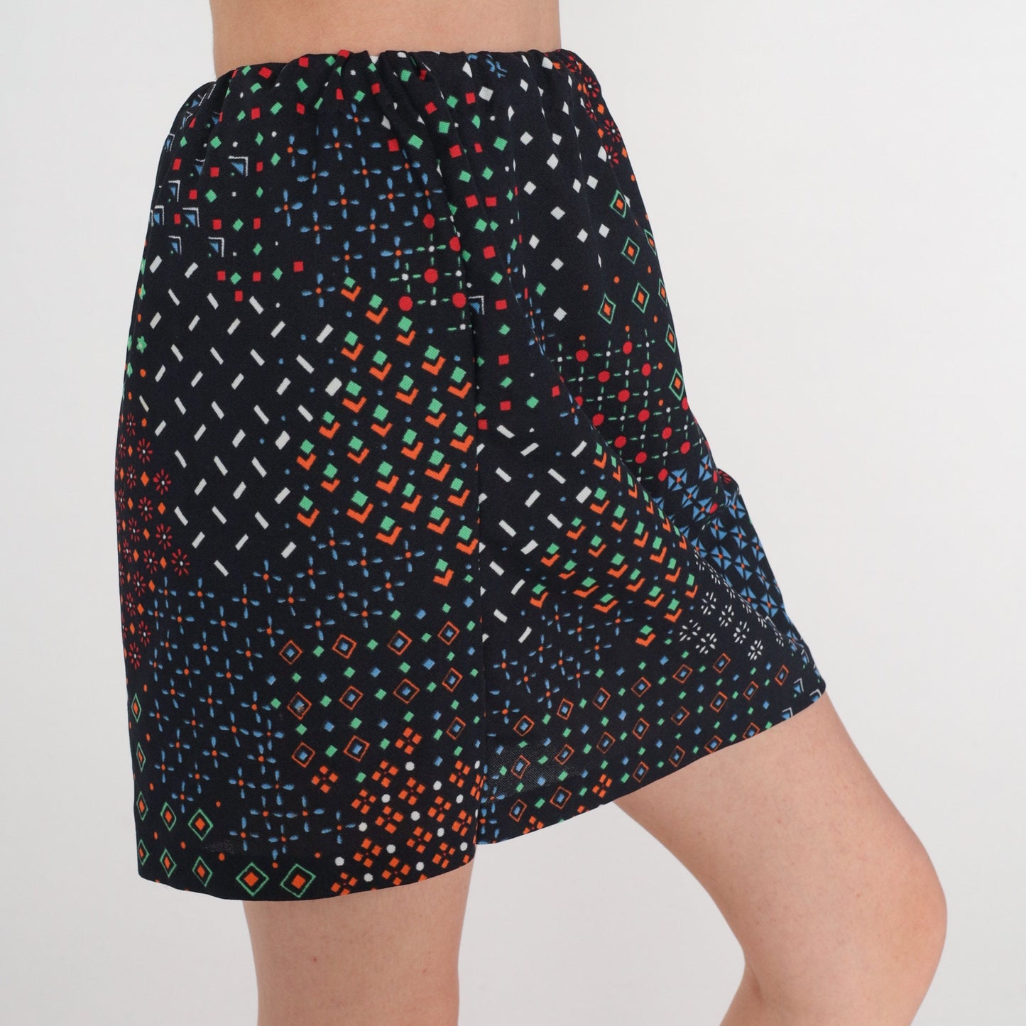 70s Black Geometric Mini Skirt High Waisted Multicolor Print Extra Small