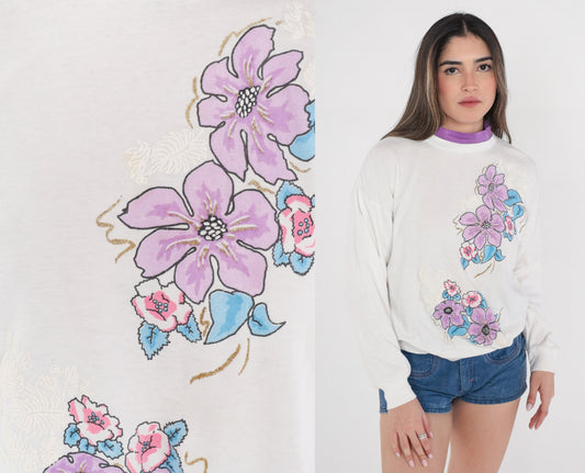 90s Glitter Floral Sweatshirt White Mock Neck Purple Layered Small S