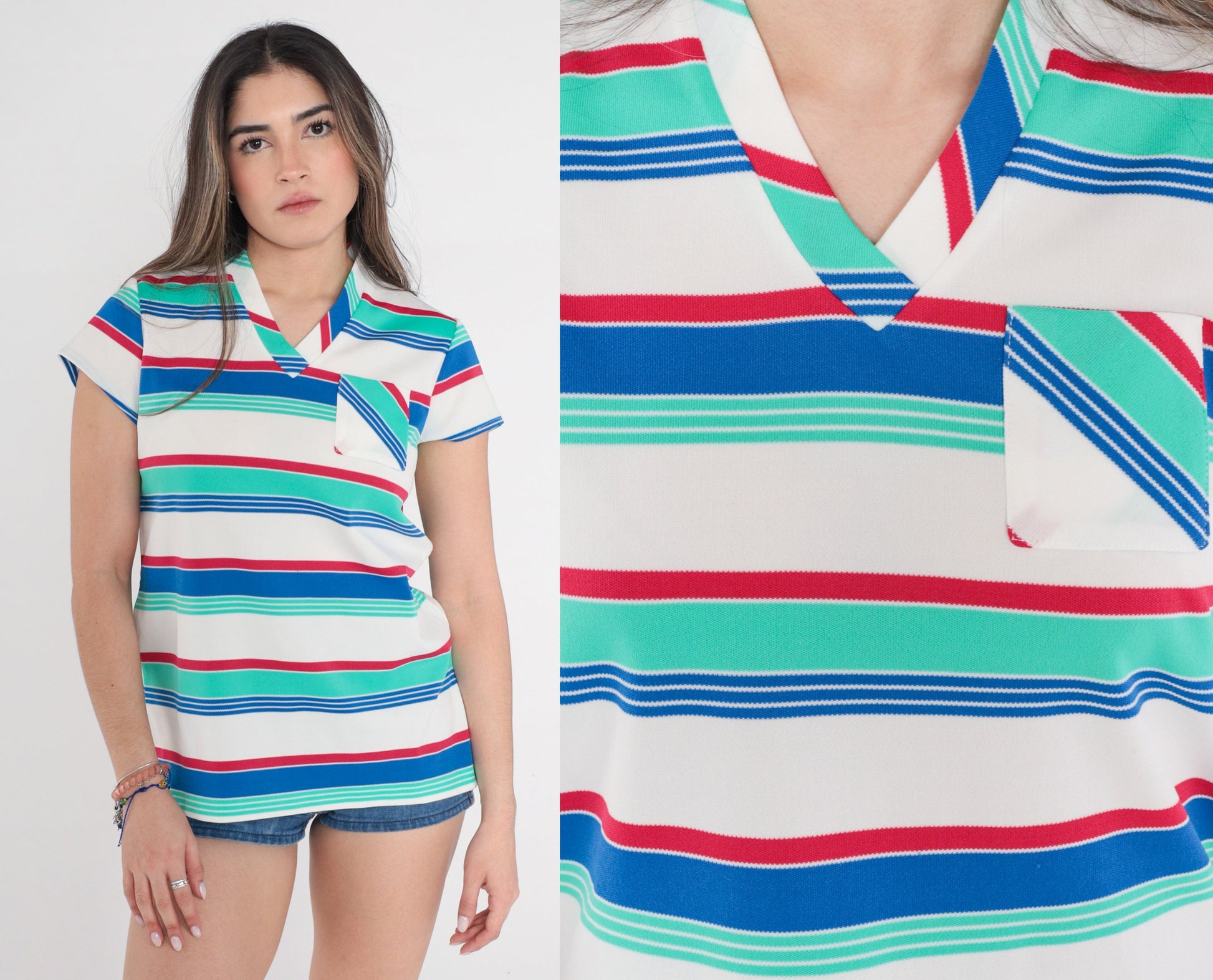 70s Striped V-Neck T-Shirt White Red Green Blue Pocket Tee Medium