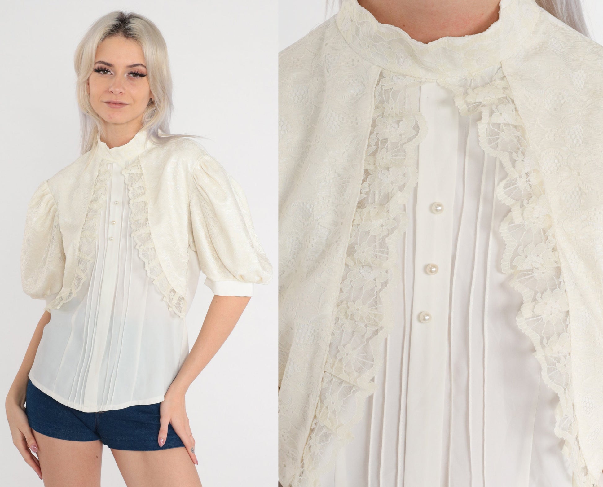 70s White Lace Blouse Puff Sleeve High Neck Pearl Button Shirt Small