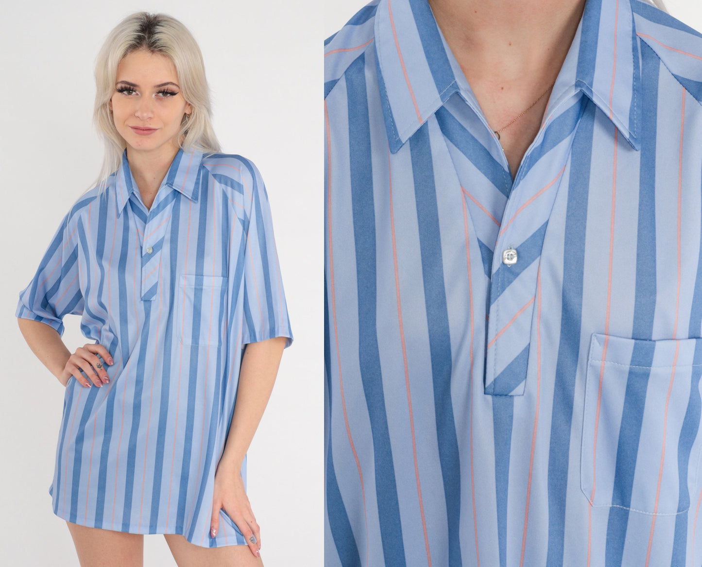70s Blue Striped Polo Shirt Half Button Collared Short Sleeve Men's Large