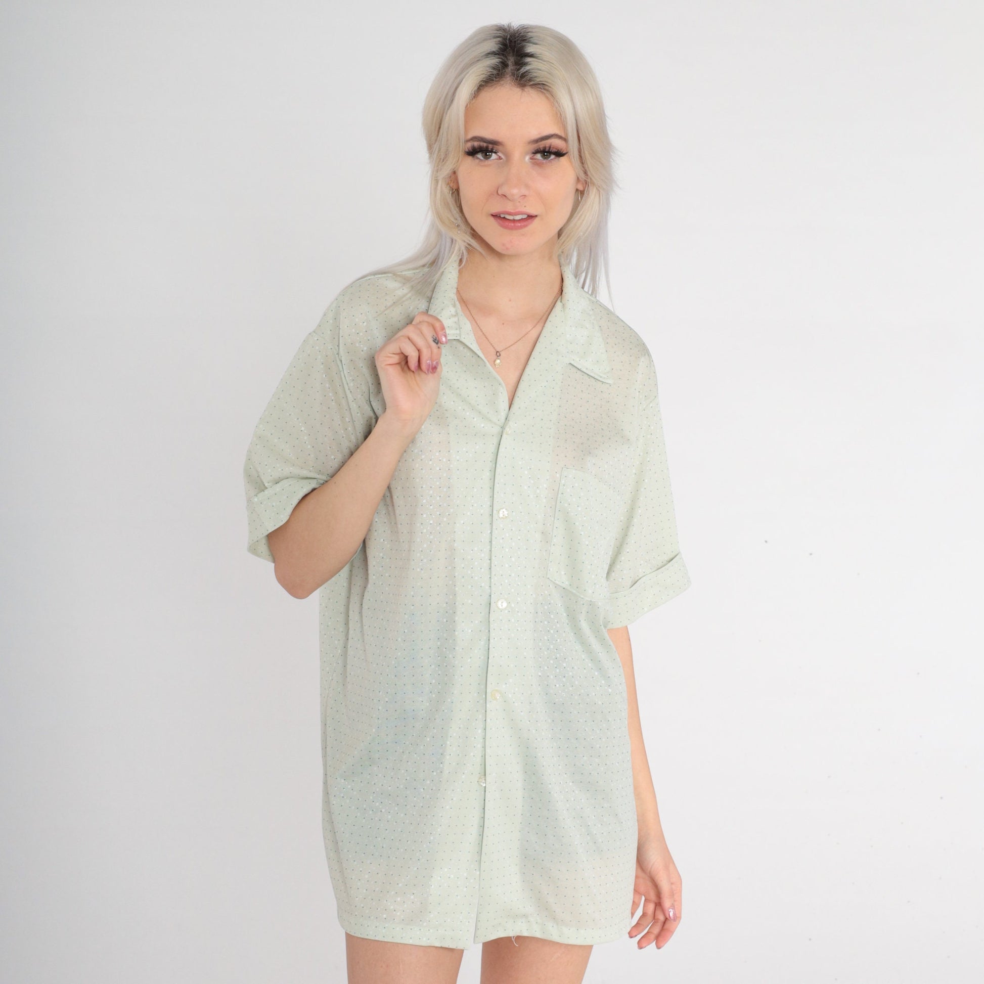 70s Pastel Green Polka Dot Button-Up Shirt Short Sleeve Collared Mens XL