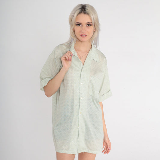 70s Pastel Green Polka Dot Button-Up Shirt Short Sleeve Collared Mens XL