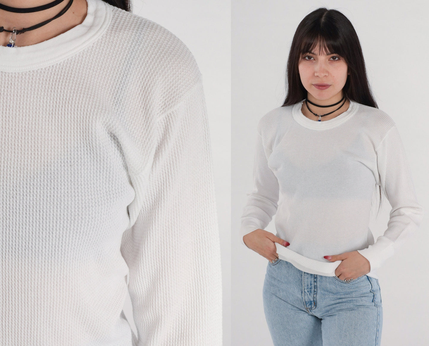 90s Hanes Thermal Shirt White Waffle Knit Long Sleeve Medium
