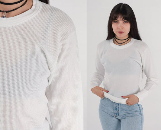 90s Hanes Thermal Shirt White Waffle Knit Long Sleeve Medium