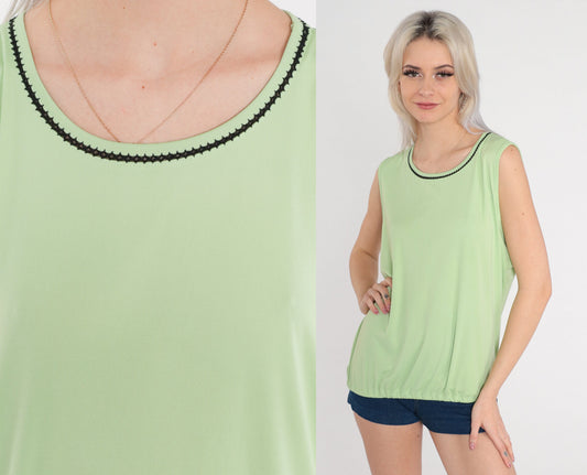 90s Green Tank Top Black Trim Sleeveless Shirt Large L
