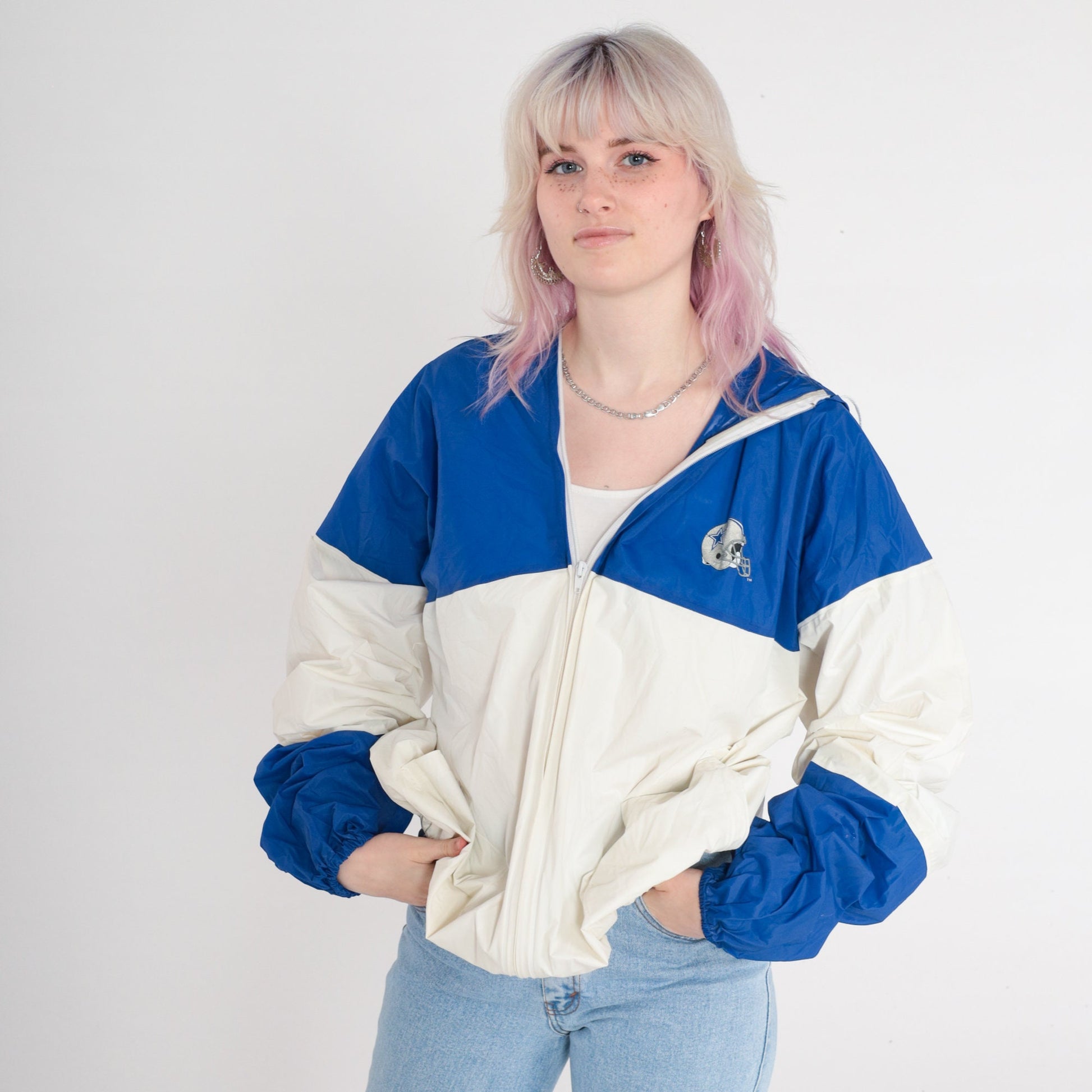 90s Dallas Cowboys PVC Rain Jacket Colour Block Blue White Extra Large XXL