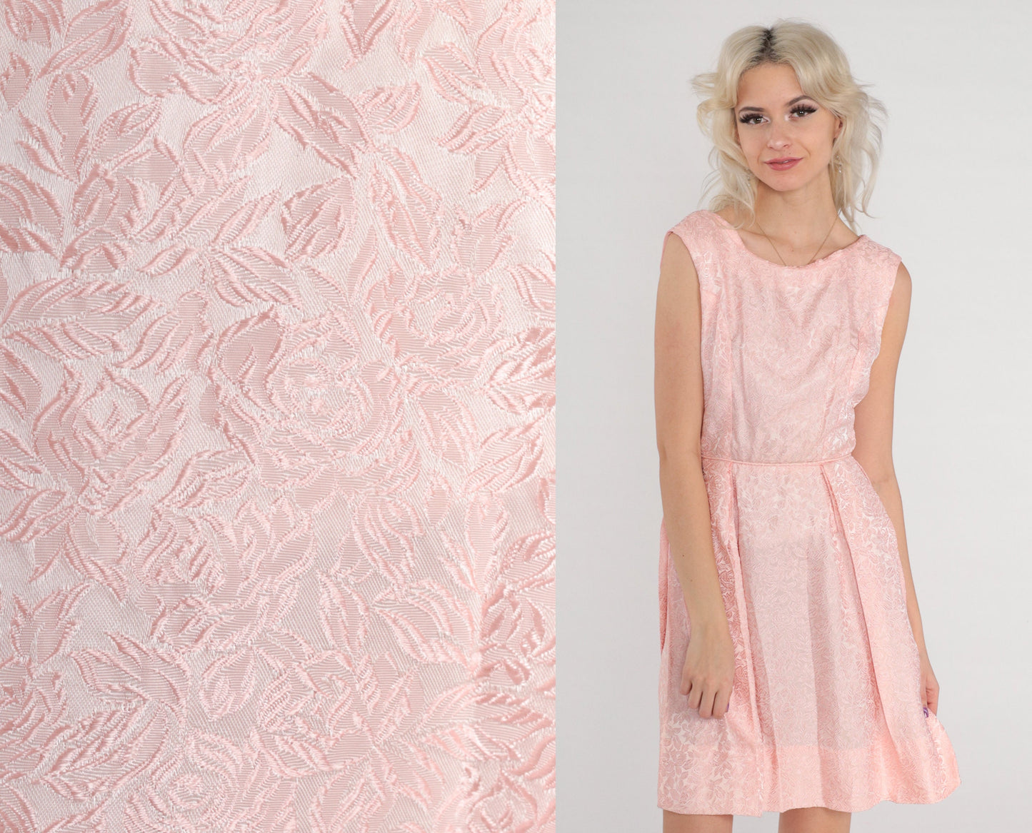 60s Pink Floral Brocade Mini Dress Sleeveless High Waist Extra Small XS