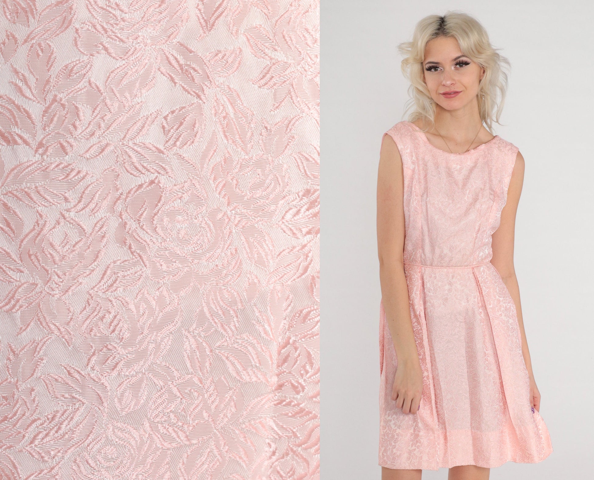 60s Pink Floral Brocade Mini Dress Sleeveless High Waist Extra Small XS