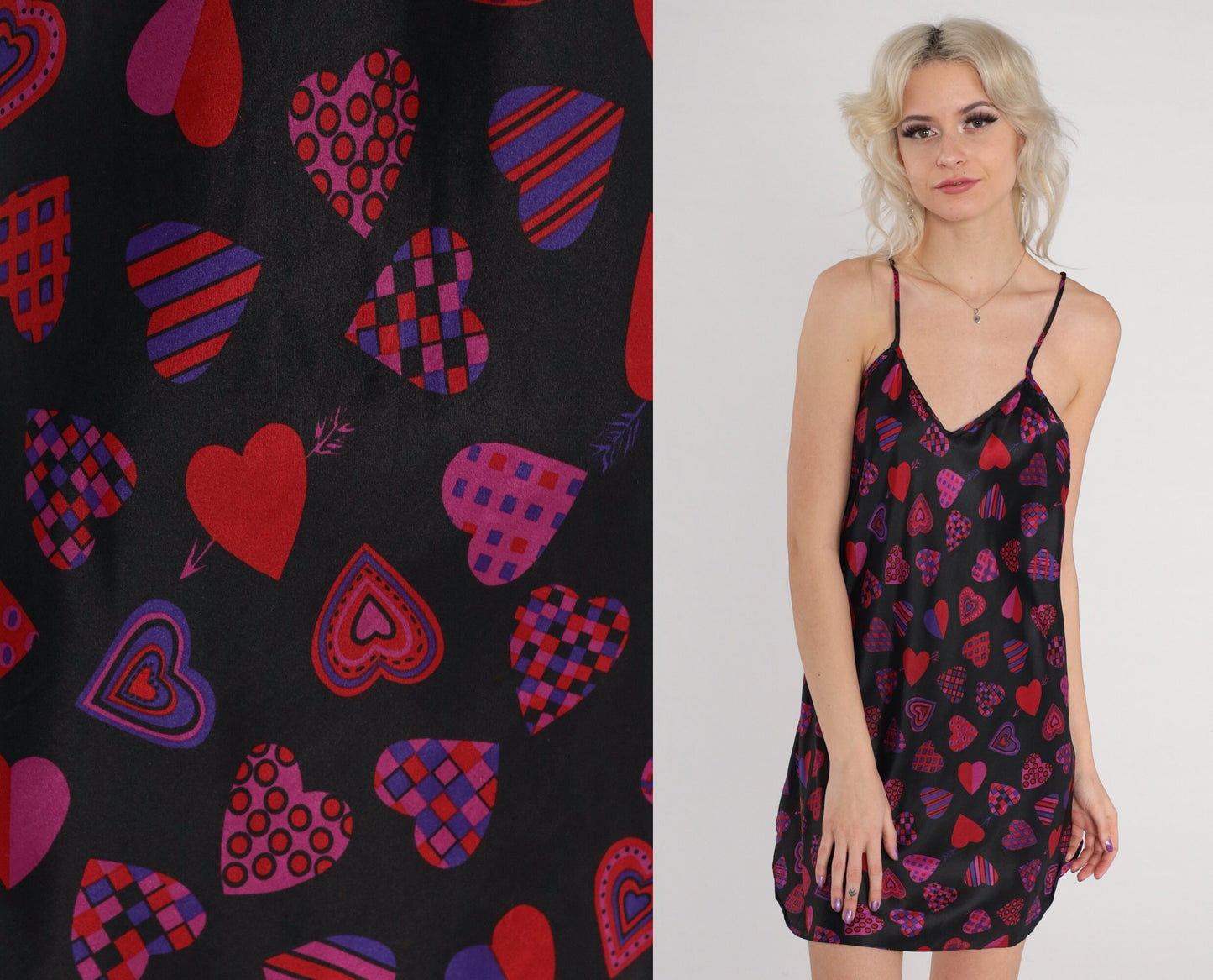 00s Heart Print Black Slip Dress Mini Spaghetti Strap Side Slit Small