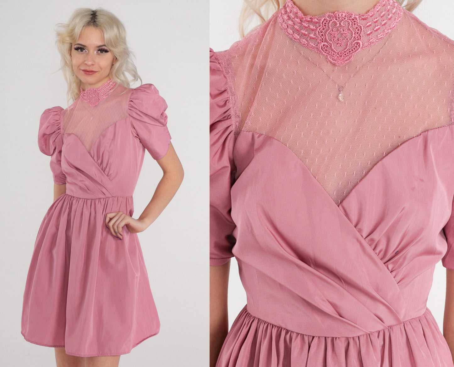70s Pink Mini Dress Puff Sleeve Sweetheart Neckline Lace Illusion XXS