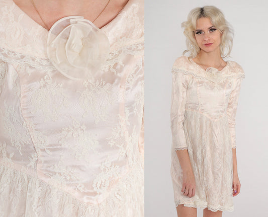 Gunne Sax 80s Pink White Lace Mini Dress Puff Sleeve High Waisted XXS