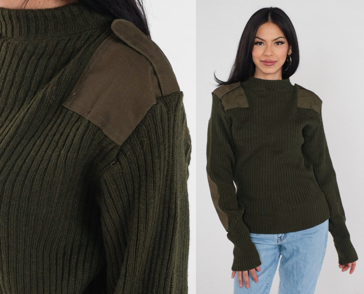 Wool Army Sweater Military Pullover Olive Drab Elbow Patch Small