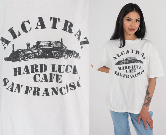 90s Alcatraz Hard Luck Cafe San Francisco Graphic T-Shirt White Large L