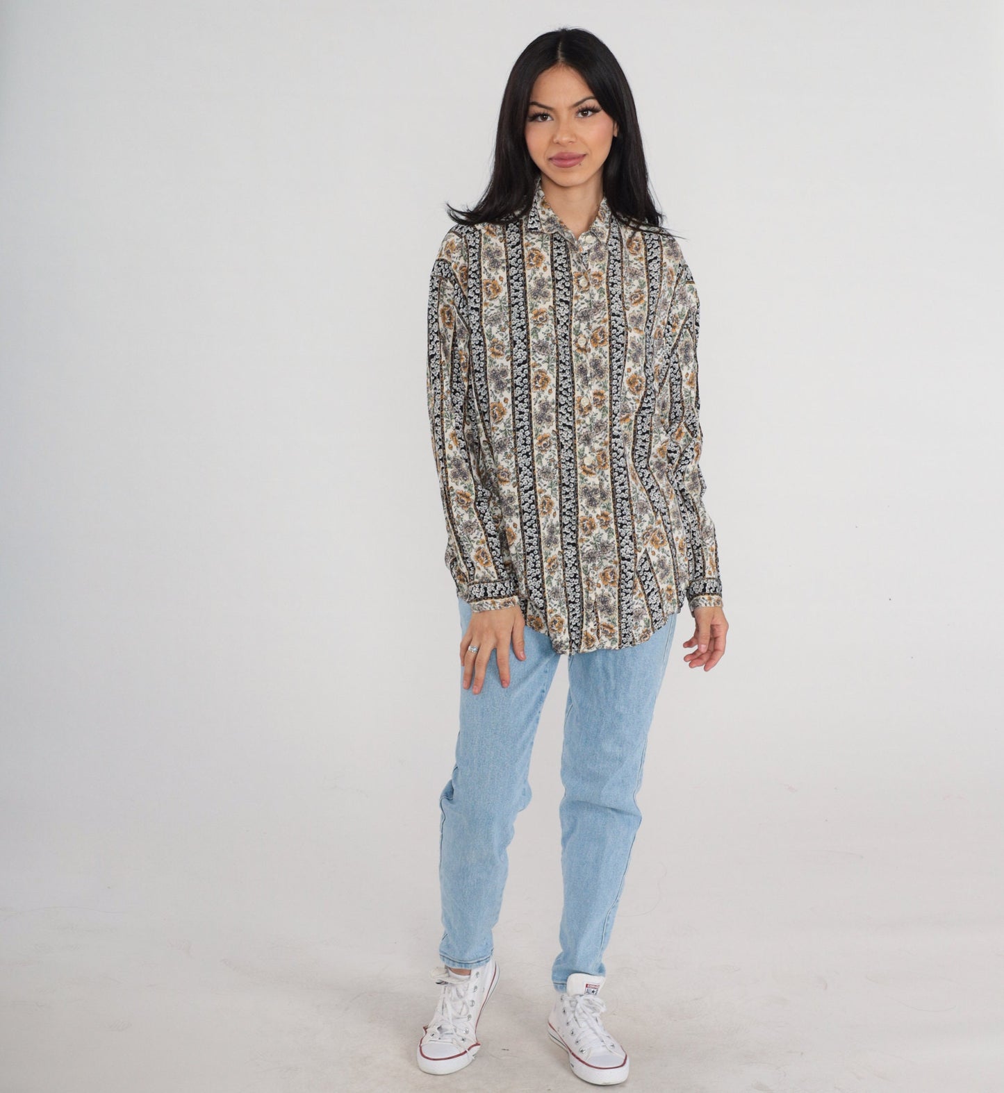 90s Krazy Kat Floral Button-Up Blouse Long Sleeve Collared Shirt Large L