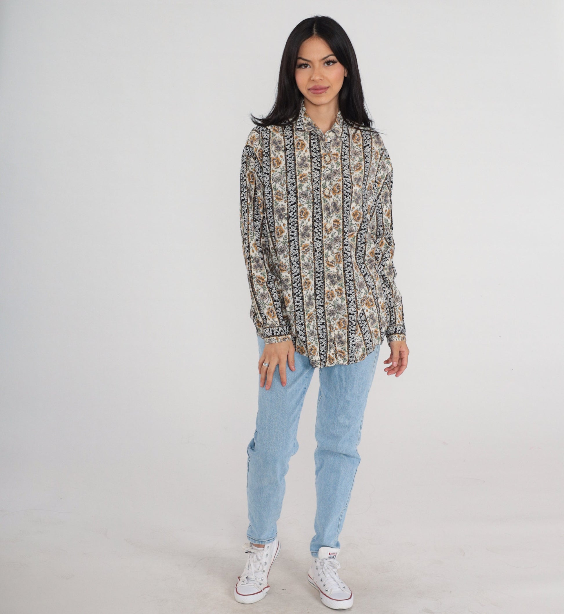 90s Krazy Kat Floral Button-Up Blouse Long Sleeve Collared Shirt Large L