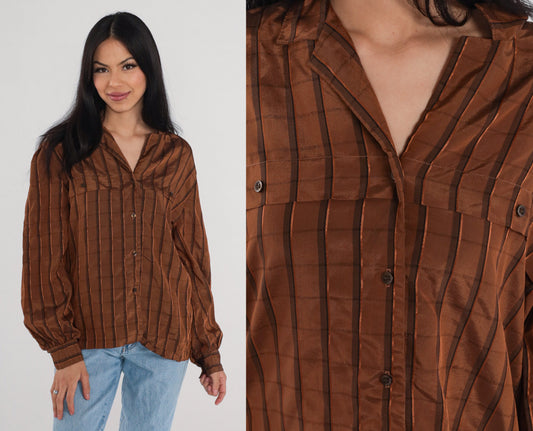 80s Brown Checkered Button-Up Blouse Puff Sleeve Collared Shirt Large L