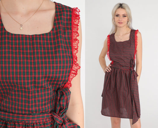 70s Red Green Plaid Apron Dress Lace Trim Open Back Small Medium