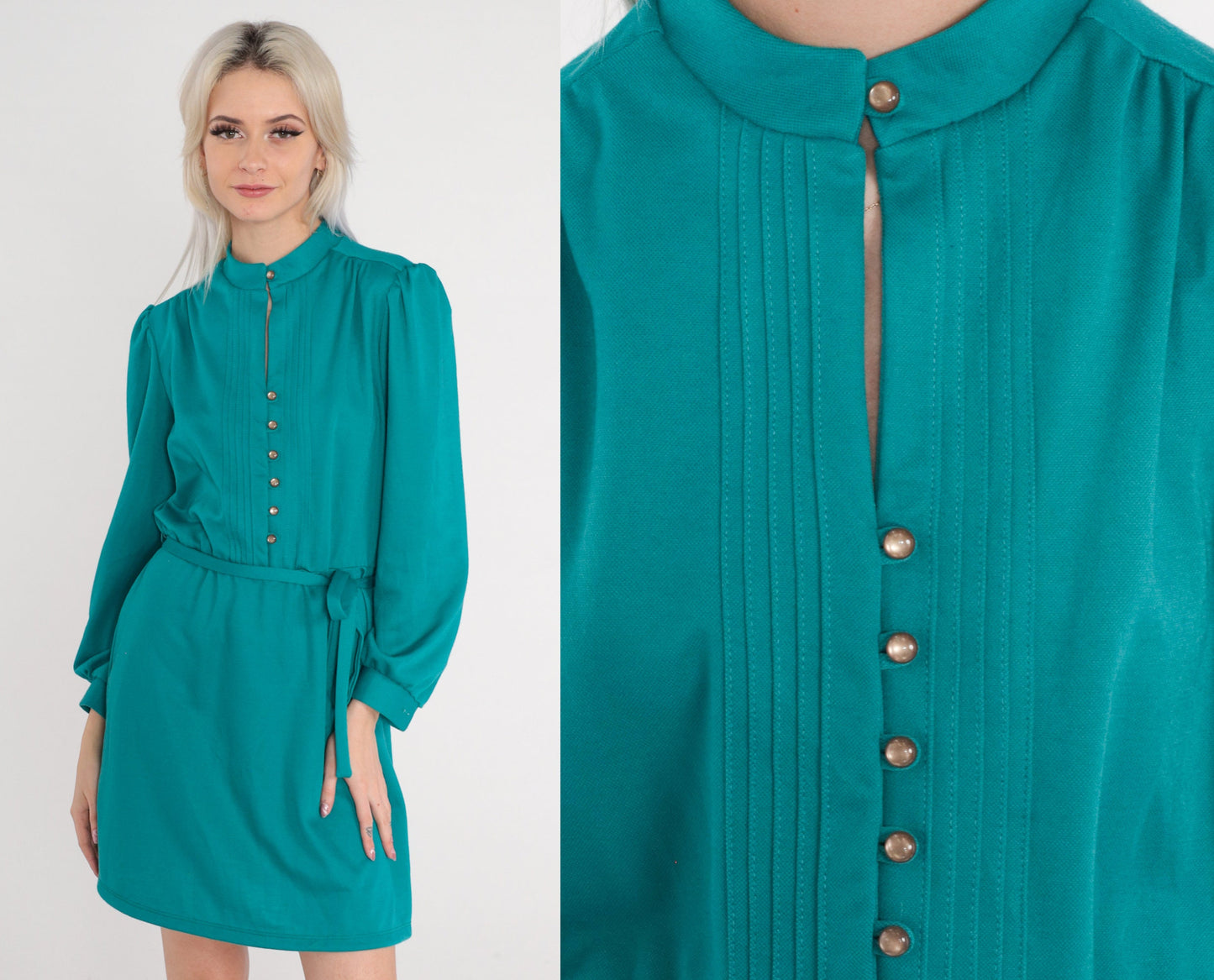 1970s Teal Green Wool Blend Mini Dress Puff Sleeve Button-Up High Waist Medium