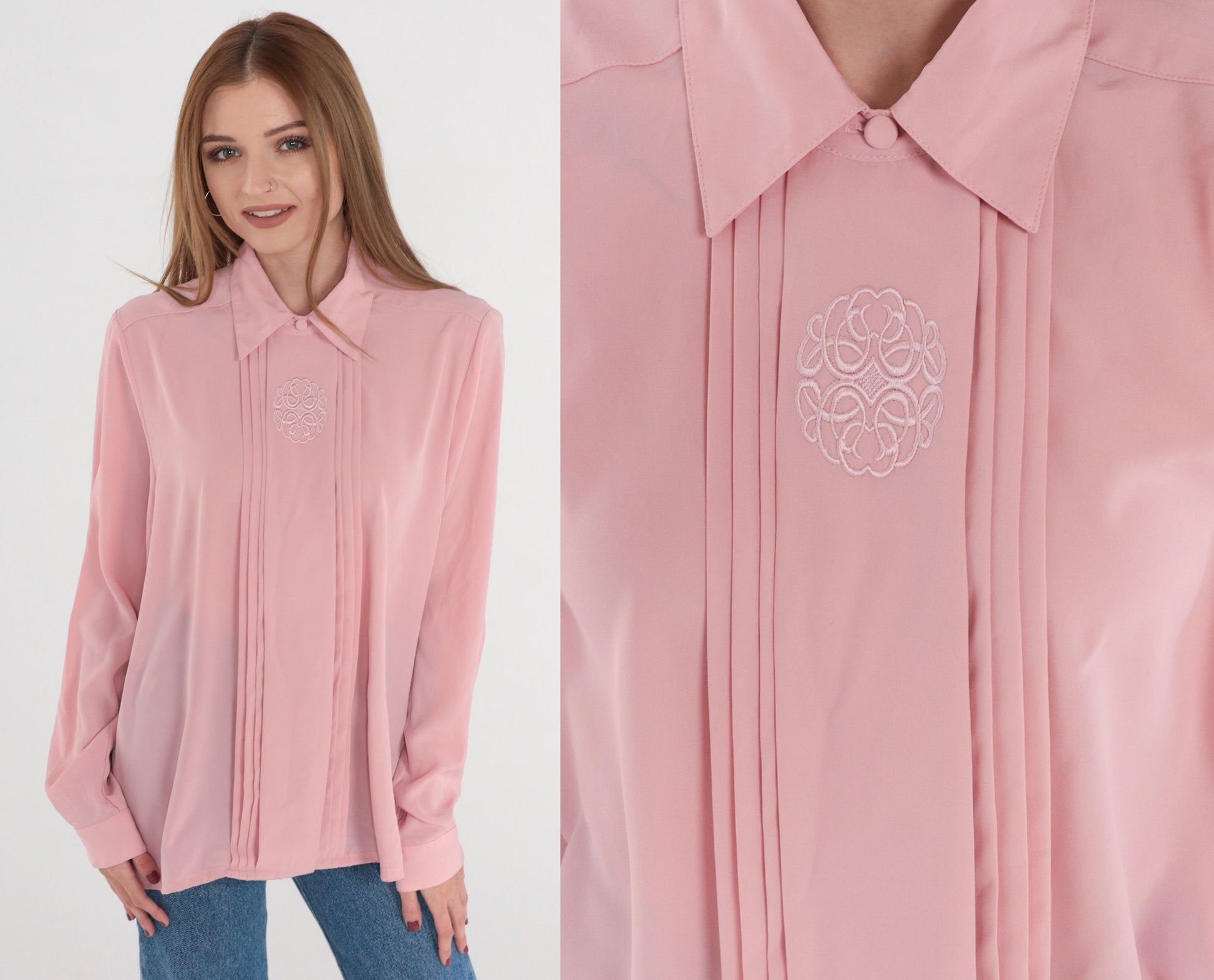 80s Pink Pleated Blouse Embroidered Long Sleeve Button Up Collared Shirt Large L